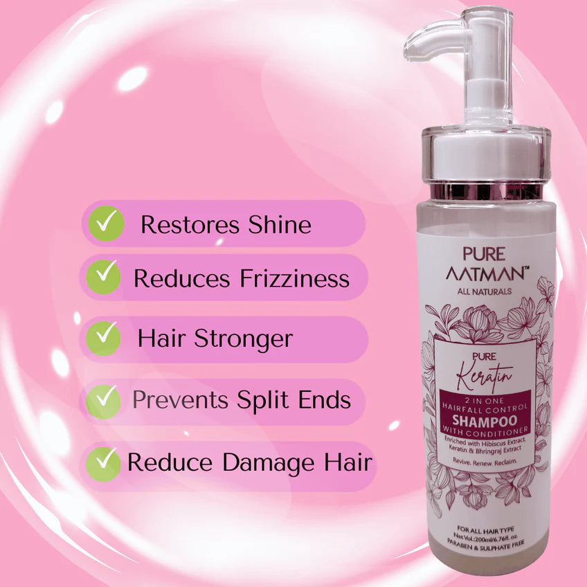 PURE AATMAN 2 in 1 Keratin Shampoo & Conditioner for Hairfall,Straighter, Shinier Hair with Keratin & Bhringraj Oil, Nourishes Dry Hair, Controls Frizz Hair | Suitable for all Hairs | 200 ml