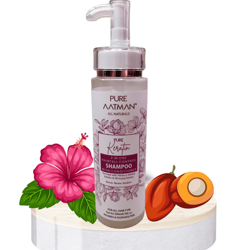 PURE AATMAN 2 in 1 Keratin Shampoo & Conditioner for Hairfall,Straighter, Shinier Hair with Keratin & Bhringraj Oil, Nourishes Dry Hair, Controls Frizz Hair | Suitable for all Hairs | 200 ml