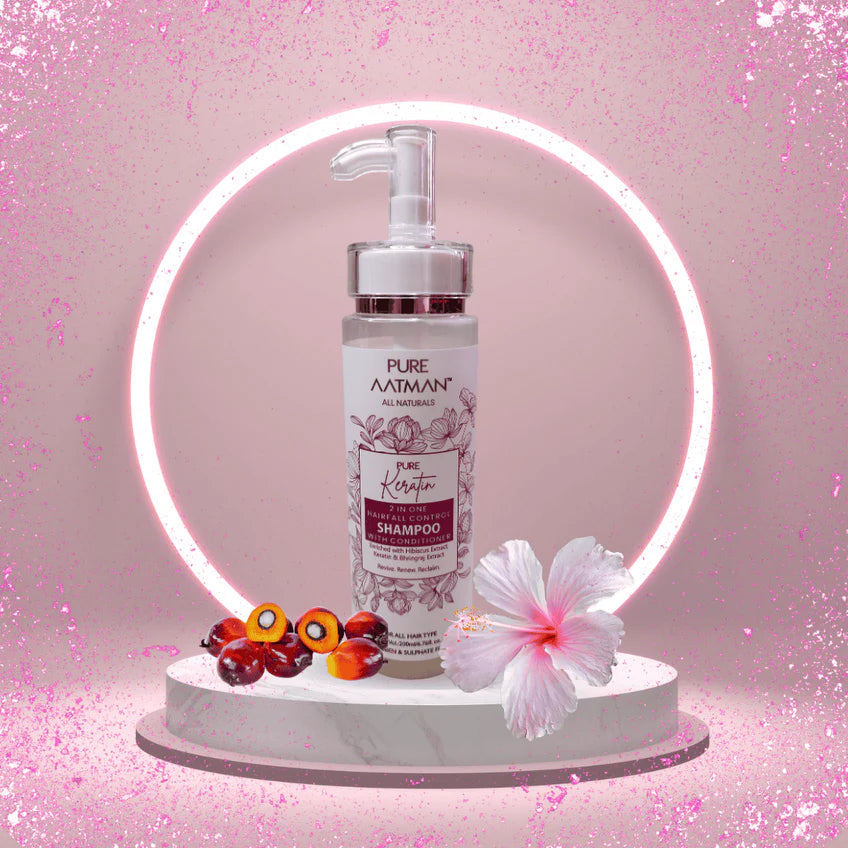 PURE AATMAN 2 in 1 Keratin Shampoo & Conditioner for Hairfall,Straighter, Shinier Hair with Keratin & Bhringraj Oil, Nourishes Dry Hair, Controls Frizz Hair | Suitable for all Hairs | 200 ml